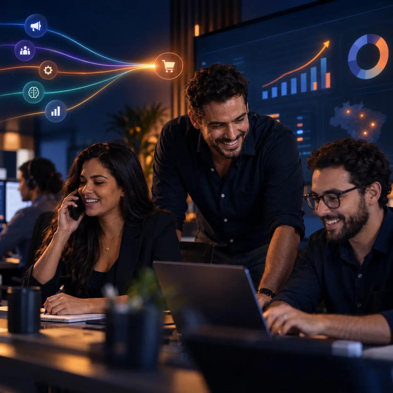 Empresário e equipe comercial conectando mídia, atendimento, dados, automação e inteligência artificial para gerar vendas